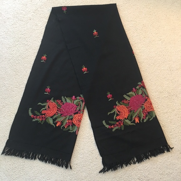 Black Wool Crepe Shawl in Colorful Embroidery - Picture 6 of 6